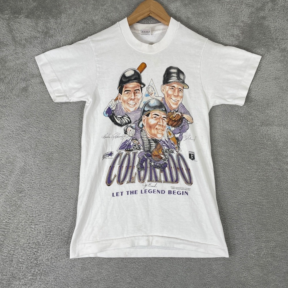Vintage Colorado Rockies Baseball Shirt Kids Large White Graphic Caricature 90s